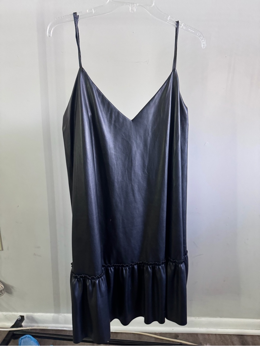 Express Black Faux Leather Slip Dress with Ruffled Hem